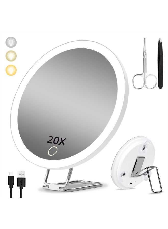 KISSUN Rechargeable Vanity Tabletop Makeup Mirror with 20X Magnification, 15cm Large, 3 Colors Dimming Light, Suction Cups and Table Stand - Image 1